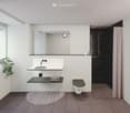 White tiles, shower cubicle, mirror, sink, toilet, tiled floor, plant on window sill