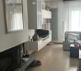 white cabinets, fireplace, flat screen TV, couch, coffee table, radiator, picture frame