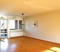 hardwood floor, open door, large balcony, white walls, ceiling lamp, glass door, window, picture frame, radiator