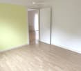 Empty room, white walls, yellow wall, wooden floor, white door