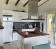 modern kitchen, white cabinetry, wooden countertops, induction stove, stainless steel chimney hood, large sink, refrigerator, dishwasher, microwave, blender, knife rack, dining area with blue chairs