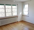 A room with wooden floor, two windows, radiator, and a tree view