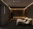 Minimalist sauna room with wooden benches, glass walls, and a small glass table
