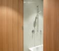 Wooden door, walk-in shower, bathtub, stainless steel shower head