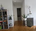 wooden parquet floor, white walls, shelves with books and plants, hallway leading to another room