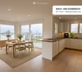dining room, kitchen, wooden table, 4 chairs, wooden cabinet, sliding glass doors, tiles, modern interior, white kitchen, granite countertops, sink, coffee machine, natural light