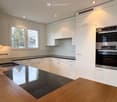 modern kitchen with white cabinets, stainless steel appliances, granite countertop, double sink, windows