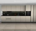modern kitchen with white cabinets, black countertops, built-in oven and sink