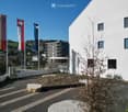 White building with glass windows, flags, paved area, small garden, another building in the background