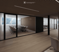 glass walls, wood floor, long table with chairs, office chairs