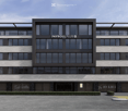 Office building, glass facade, three floors, black wall panels, large windows, modern design, large sign on the front