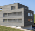 Modern architecture, wooden facade, multiple windows, balcony on top floor, white lower section, on a hill.