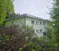 House. A modern, single-story house with a flat roof and light green exterior, surrounded by lush greenery and trees.