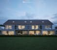 3 story house, solar panels, balconies, large windows, garden
