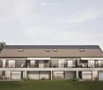 2 story house, brown roof, solar panels, large windows, balconies, garden