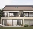 2 story house, solar panels on roof, raised ground floor, balcony, large glass windows, modern design