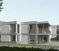 Modern architectural design, contemporary style, white exterior, large windows, two-story building, terrace, landscaped garden