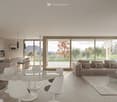 modern living room with kitchen, dining table, chairs, sofa, coffee table, rug, windows, doors, view