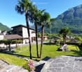 stone house, green lawn, mountain background, palm trees
