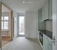 modern design kitchen, granite countertop, built-in oven, white walls, wooden floors, large windows