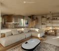 Contemporary design with beige couches, wooden furniture, spiral staircase, wooden shelves, white floor, rug, coffee table, dining table with white flowers in vase.