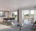 wooden floor, grey couches, table, chairs, balcony, windows