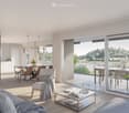 living room with sofa, armchair, and coffee table, glass doors to balcony, dining table, chandelier, bookshelves, and floor lamps