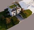 2 story house, white exterior, green roof, balcony, garage, driveway