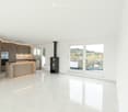 modern kitchen, fireplace, balcony, white tiles, sliding glass doors