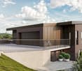 Modern 2 story house, brown exterior, metal railings, garage with 1 parking place, 1 balcony
