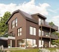 2 story house, brown walls, brown shingles, multiple windows, multiple balconies, lawn