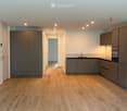 Empty kitchen with modern grey cabinets, wooden flooring, and built-in appliances including a sink and oven. No furniture or personal items present.