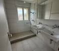 modern bathroom with white tiles, two sinks, shower, mirror, window