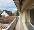 tiled floor, balcony, green roof, metal railing, window, view of a house