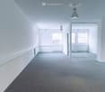 empty room, white walls, gray carpet, glass door, windows, ceiling lamps