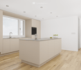 a small kitchen with island countertop, central sink, oven, wooden floor, wooden table, built-in cabinets