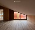 empty room, wooden floor, wooden walls, large window, balcony