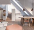 open floor plan, dining table, chairs, couch, coffee table, wooden floor, white walls, wooden staircase, kitchen, pendant lights
