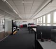 modern office space with glass walls, carpeted floor, desks, chairs, computer monitors, plants, and a television