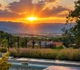 pool, table tennis, plants, mountains, sunset