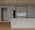 modern kitchen, integrated oven, sink with faucet, countertop, wooden floor