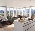 open plan living room and kitchen, large windows, modern furniture, city view