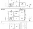 Three-story house floor plan with cellar, ground floor, and upper floor. Cellar has two rooms and utility rooms. Ground floor has a living room, kitchen, and garage. Upper floor has a living room, bedroom, and bathroom.