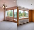 Unfurnished Room. Two empty rooms with large windows, wooden flooring, radiators, and a chandelier in one room.