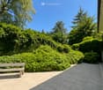 A tiled patio area surrounded by lush green hedges and trees, with a wooden bench placed on the left side.