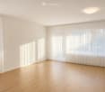 Unfurnished Room. Empty room with light wooden flooring, white walls, large windows with sheer white curtains, and recessed ceiling lighting.