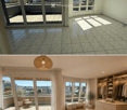 Bright, modern room with large windows offering a scenic view, furnished with a bed, chair, bench, wardrobe, table, and decorative plants.