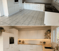 The image shows a modern kitchen with white cabinets, a built-in oven, a sink with a faucet, and a wooden countertop. The floor is tiled in the top image and wooden in the bottom image. The bottom image includes decorative elements such as potted plants,