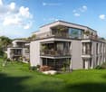 Building. Modern multi-story residential building with balconies, large windows, and a well-maintained lawn area.