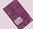Floor plan of a residential space featuring a living/dining area, three bedrooms, two bathrooms, a patio, and a hallway.